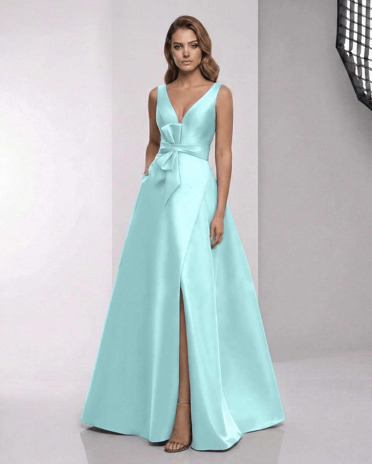 Avelisse Maxi Dress - Mint satin A-line V-neck with a slit, elegant evening look by Lauven.