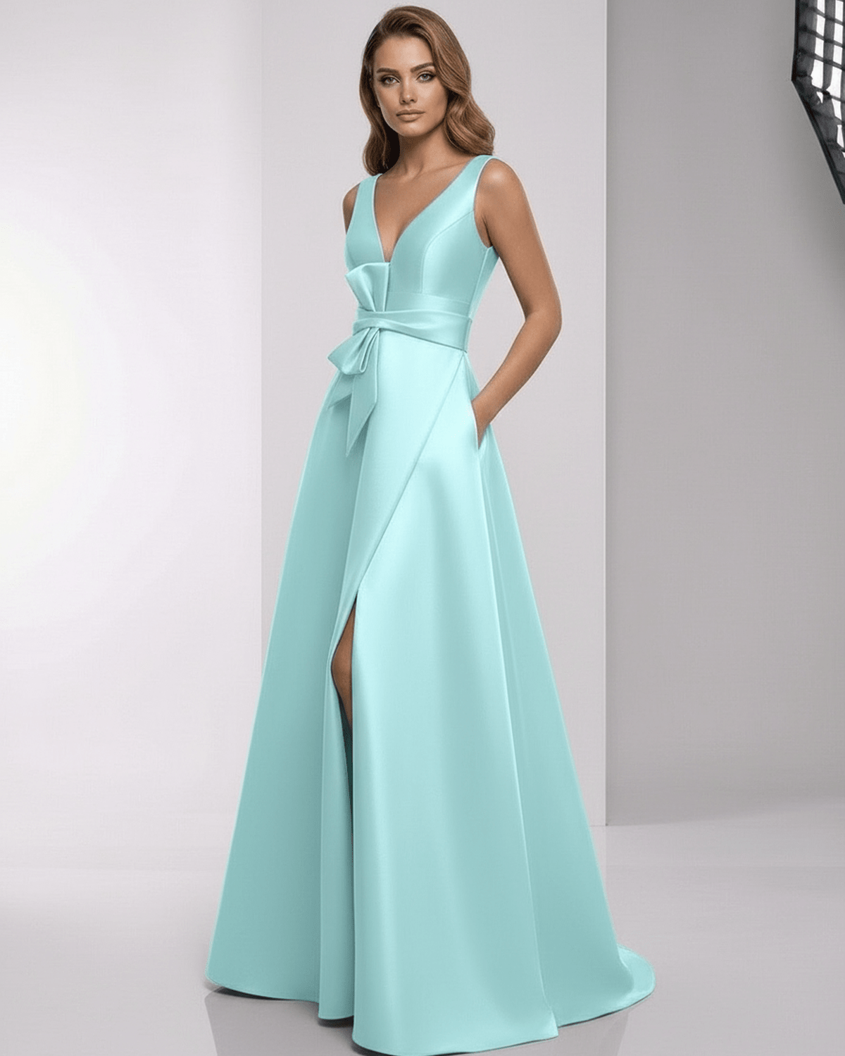 Avelisse Maxi Dress in mint satin, featuring A-line silhouette, deep V-neck, and bow belt by Lauven.