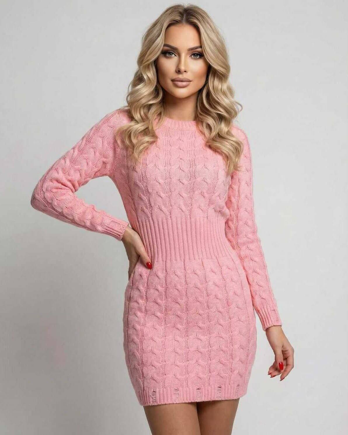 Azalea Mini Dress by Lauven in soft pink, showing a flattering sheath silhouette with twisted knit texture and long sleeves.