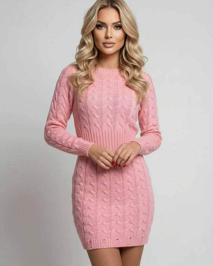 Azalea Mini Dress by Lauven - Soft pink twisted knit sweater dress with long sleeves and flattering silhouette.