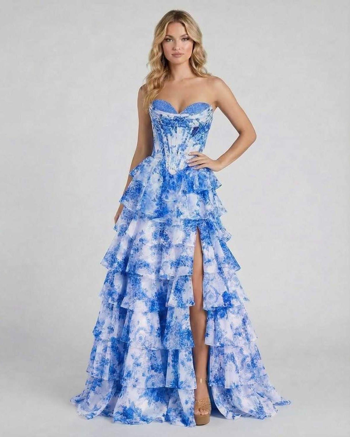 Azura Maxi Dress by Lauven - Stunning blue floral tiered chiffon gown with a structured corset bodice.