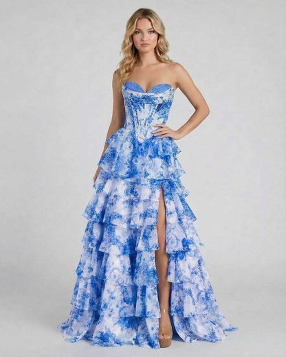 Azura Maxi Dress by Lauven - Stunning blue floral tiered chiffon gown with a structured corset bodice.
