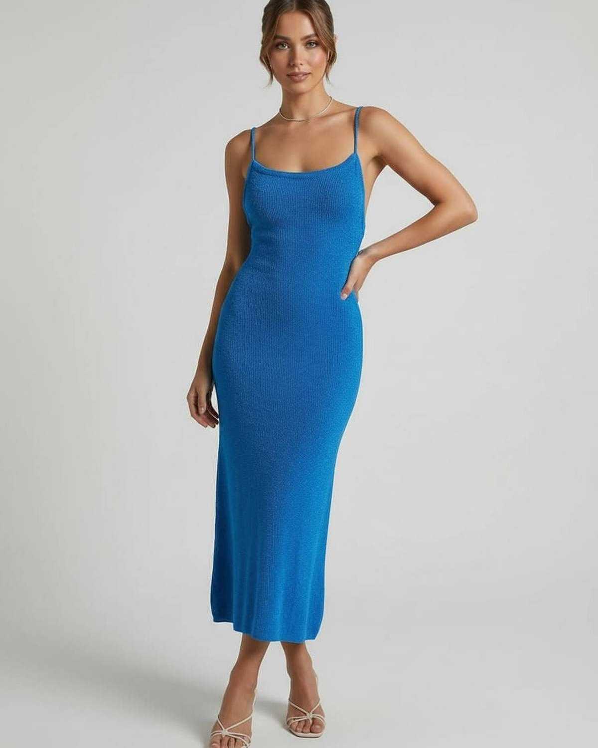Azura Midi Dress by Lauven, a blue spaghetti strap midi dress showcasing a slim sheath silhouette.