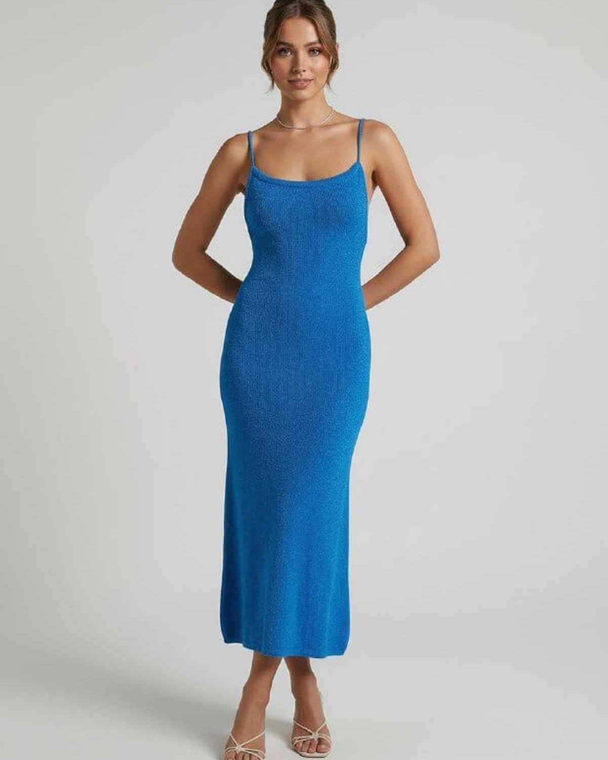 Azura Midi Dress by Lauven – Blue Spaghetti Strap Midi Dress with Slim Sheath Silhouette