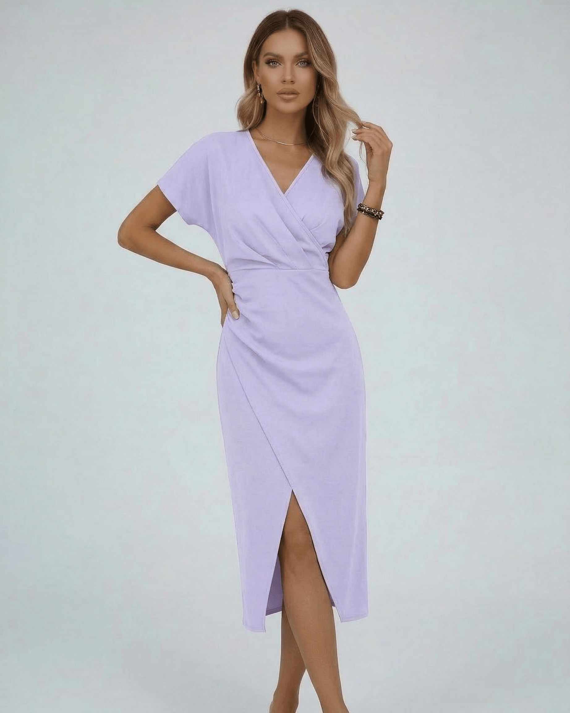 Azura Midi Dress by Lauven - Elegant lavender wrap dress featuring a flattering V-neckline and short sleeves.