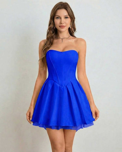 Azura Mini Dress by Lauven - Strapless high-waist blue mini dress with bow detail and flared skirt.