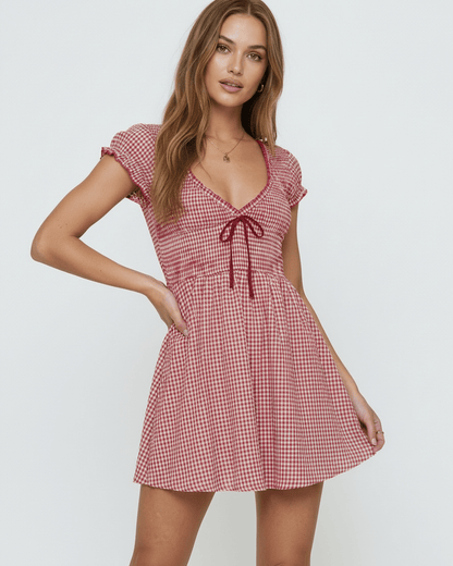 Azura Mini Dress by Lauven, red checkered empire waist sleeveless dress with a relaxed fit and O-neck neckline.