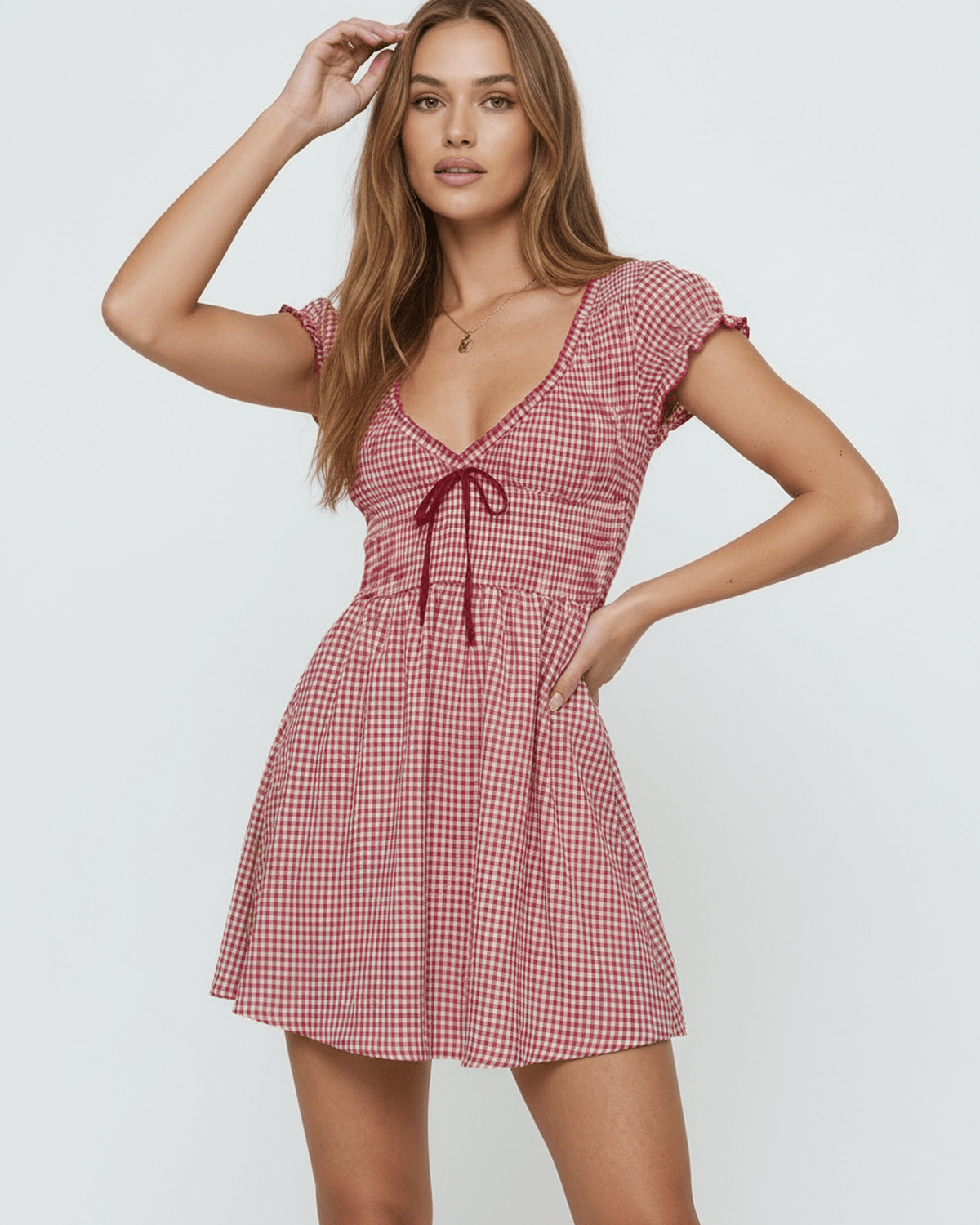 Azura Mini Dress by Lauven in red checkered pattern, featuring empire waist, short sleeves, and O-neck neckline.