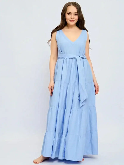 Azure Breeze Maxi Dress in breathable linen, featuring a V-neck, tiered skirt, and cinched waist with self-tie belt.