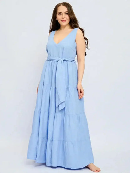Azure Breeze Maxi Dress in light blue, featuring a V-neck, tiered skirt, and cinched waist with a self-tie belt.