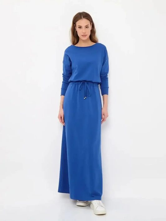 Azure Ease Maxi Dress in cornflower blue with a relaxed fit and drawstring waist, perfect for summer and casual occasions.