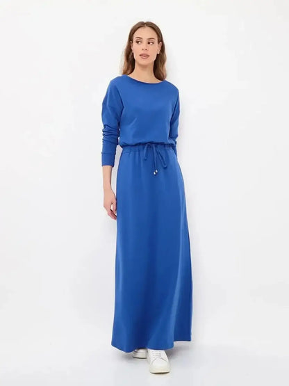Azure Ease Maxi Dress in cornflower blue with drawstring waist, perfect for summer and special occasions.