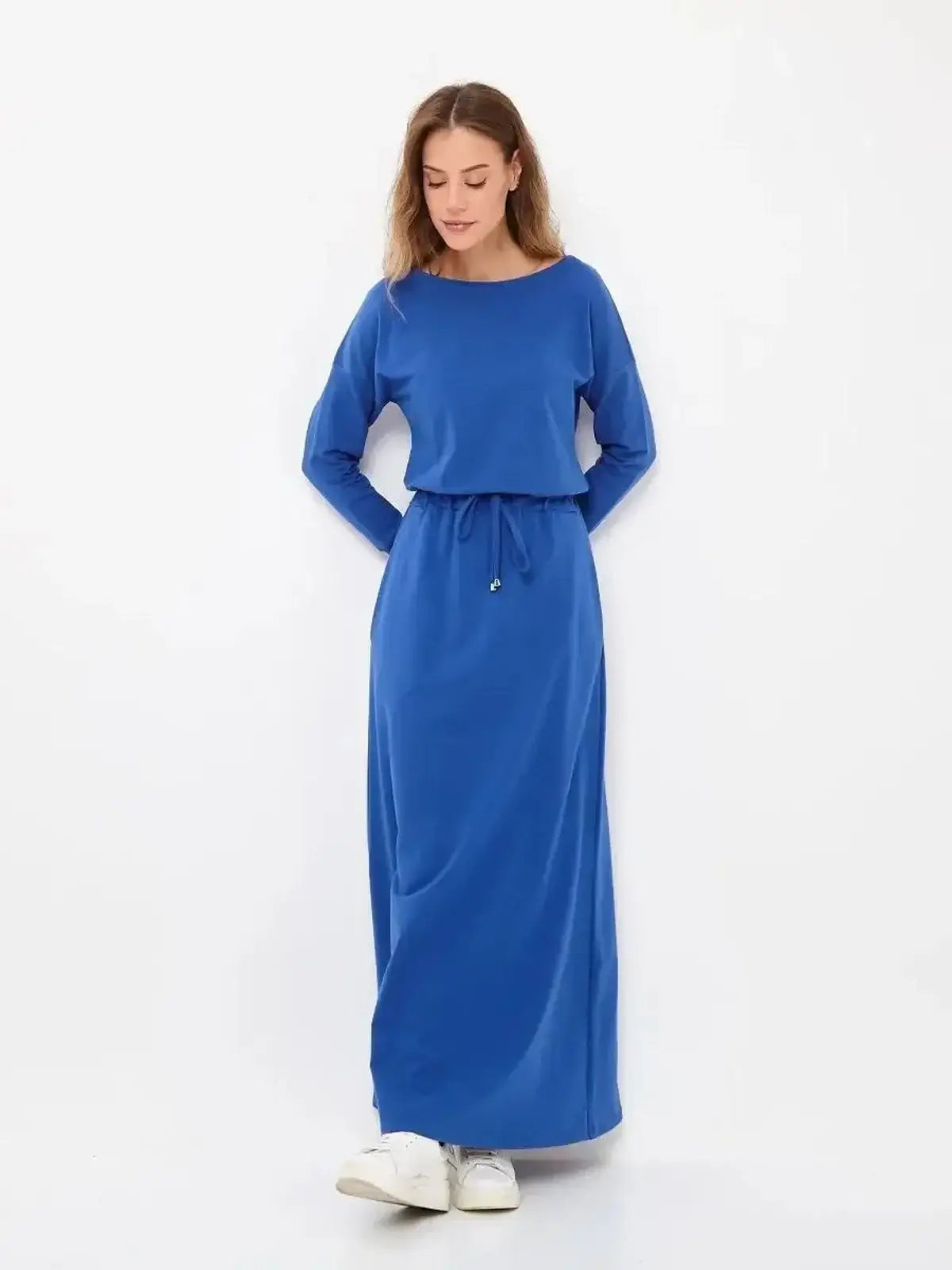 Azure Ease Maxi Dress in vibrant cornflower blue, featuring a relaxed silhouette and drawstring waist for effortless elegance.