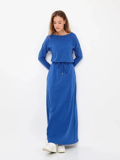 Azure Ease Maxi Dress in vibrant cornflower blue, featuring a relaxed silhouette and drawstring waist for effortless elegance.