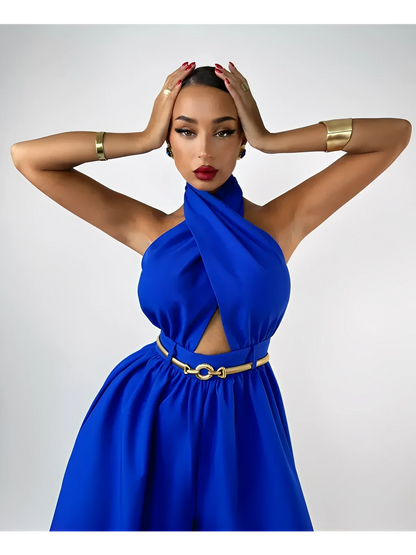 Azure halter jumpsuit with open back and wide leg silhouette, perfect for elegant summer events.