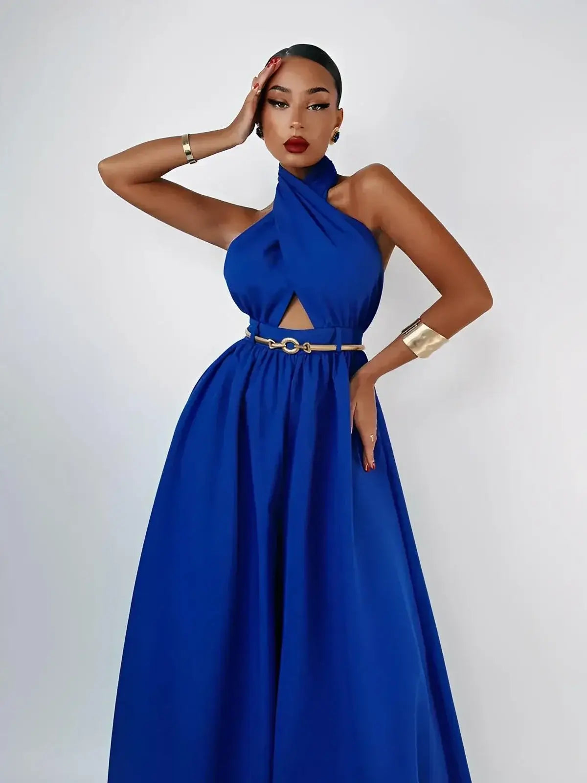 Azure Halter Jumpsuit by Lauven featuring a wide leg silhouette and open back design.