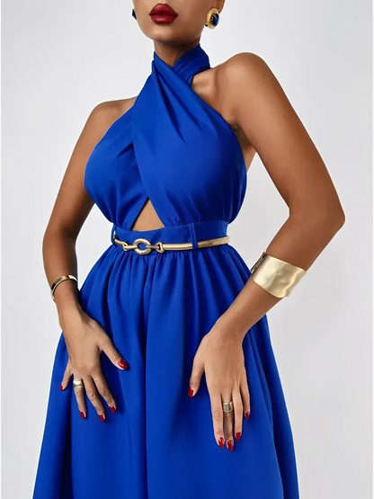 Azure Halter Jumpsuit featuring a wide leg silhouette and open back, perfect for summer events and formal occasions.