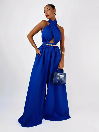 Chic Azure Halter Jumpsuit with wide leg silhouette and open back, perfect for summer events and formal occasions.