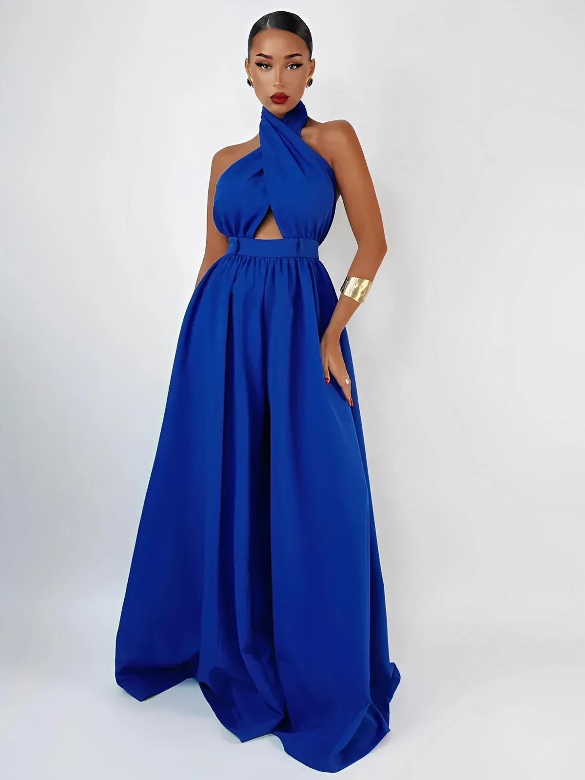 Azure Halter Jumpsuit featuring wide leg silhouette and open back, perfect for summer formal events and soirées.