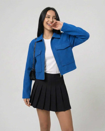 Azure Jacket by Lauven, women's blue jacket with polo collar and sleek modern style.