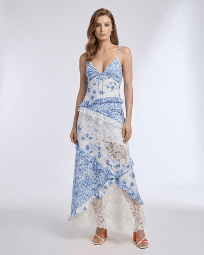 Azure Maxi Dress by Lauven with floral lace, ruffle V-neck, and soft blue and ivory colors for a stylish, breezy look.