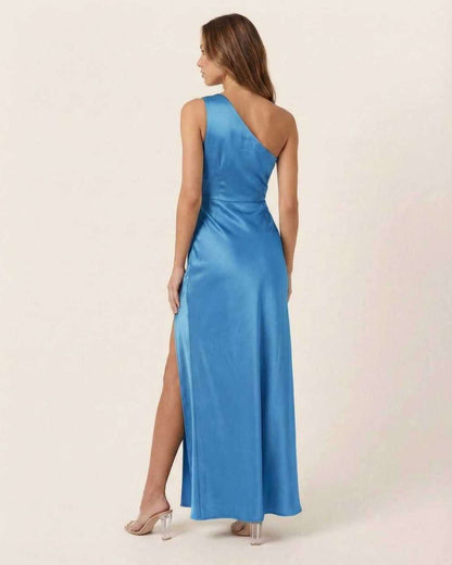 Azure Maxi Dress featuring one-shoulder design and luxurious satin fabric by Lauven, perfect for elegant evening wear.