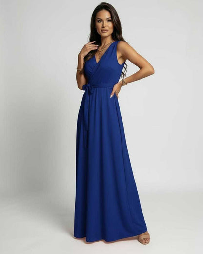 Azure Maxi Dress by Lauven in rich blue with elegant V-neck design and flowing silhouette.