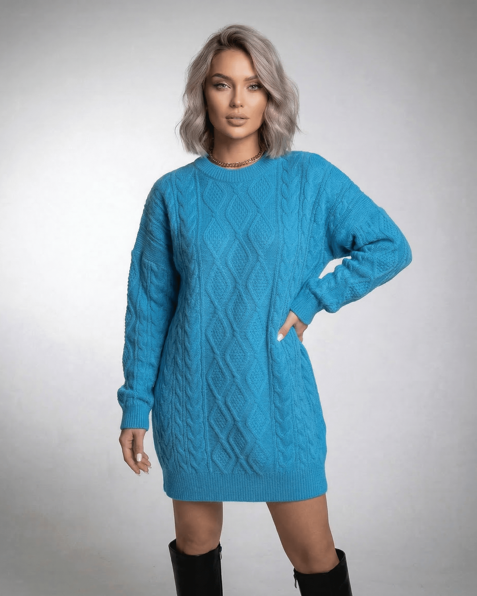 Azure Mini Dress by Lauven in vibrant blue cable knit, featuring a relaxed fit and elegant ribbed trims.