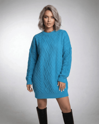 Azure Mini Dress by Lauven in bright blue cable knit with relaxed fit and dropped sleeves.