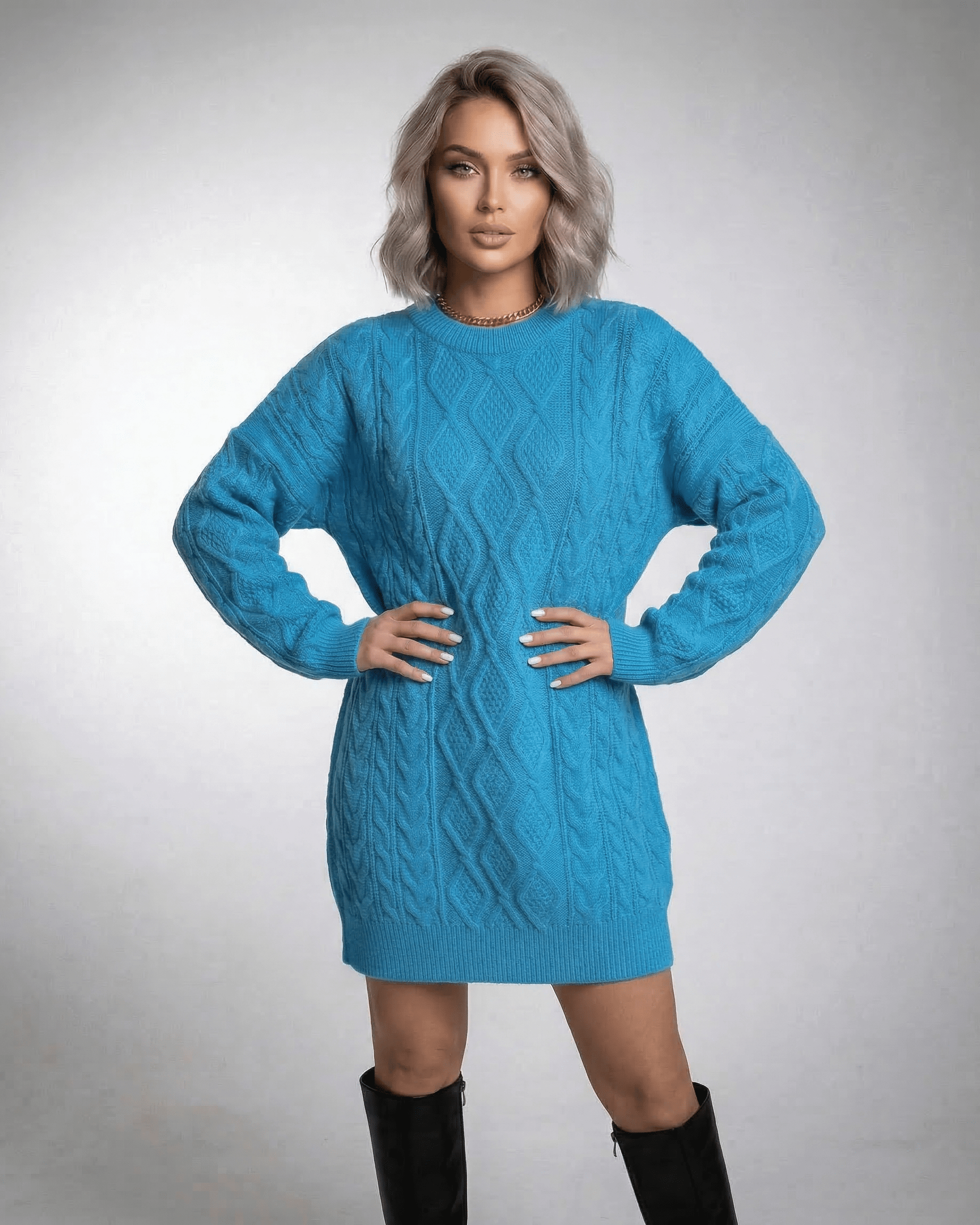 Azure Mini Dress by Lauven in bright blue cable knit with relaxed fit and dropped sleeves.