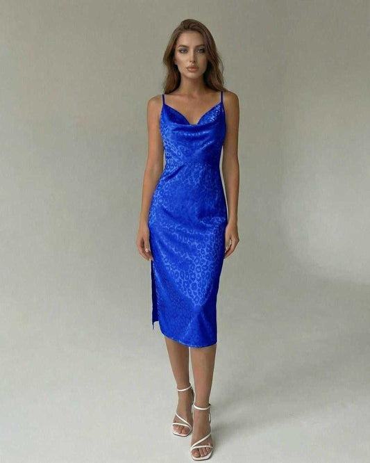 Azzura Midi Dress by Lauven in elegant blue, featuring spaghetti straps and a stylish split design.