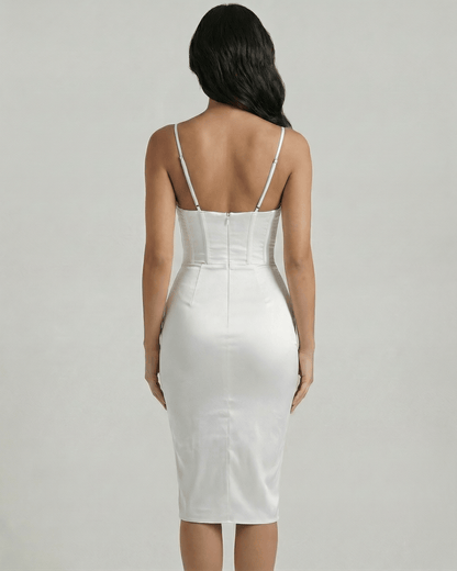 Back view of Bianca Midi Dress by Lauven, showcasing a fitted white satin corset design.