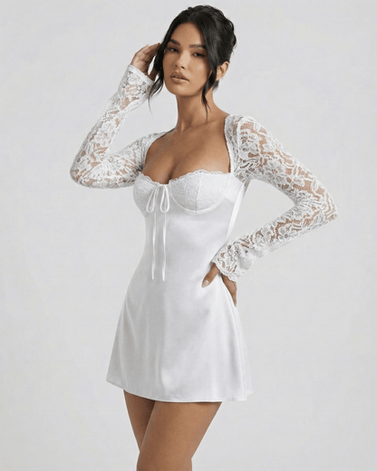 Bianca Mini Dress by Lauven, women's white lace long sleeve mini dress featuring a structured bodice and sheath silhouette.