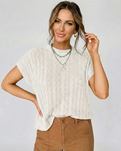 Bianco Sweater by Lauven - Elegant cable knit short sleeve sweater for women's casual and elevated wear.