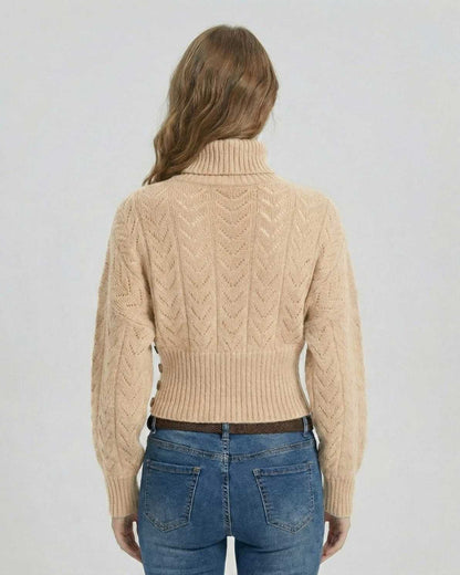 Back view of a woman wearing the Biscotti Sweater by Lauven showcasing a stylish turtleneck design and ribbed hem.