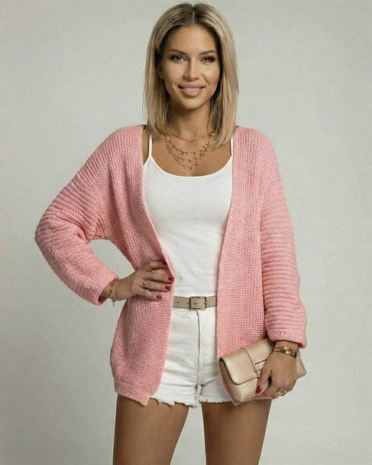 Model wearing Blush Breeze Cardigan by Lauven, a cozy pink open front knit cardigan sweater.
