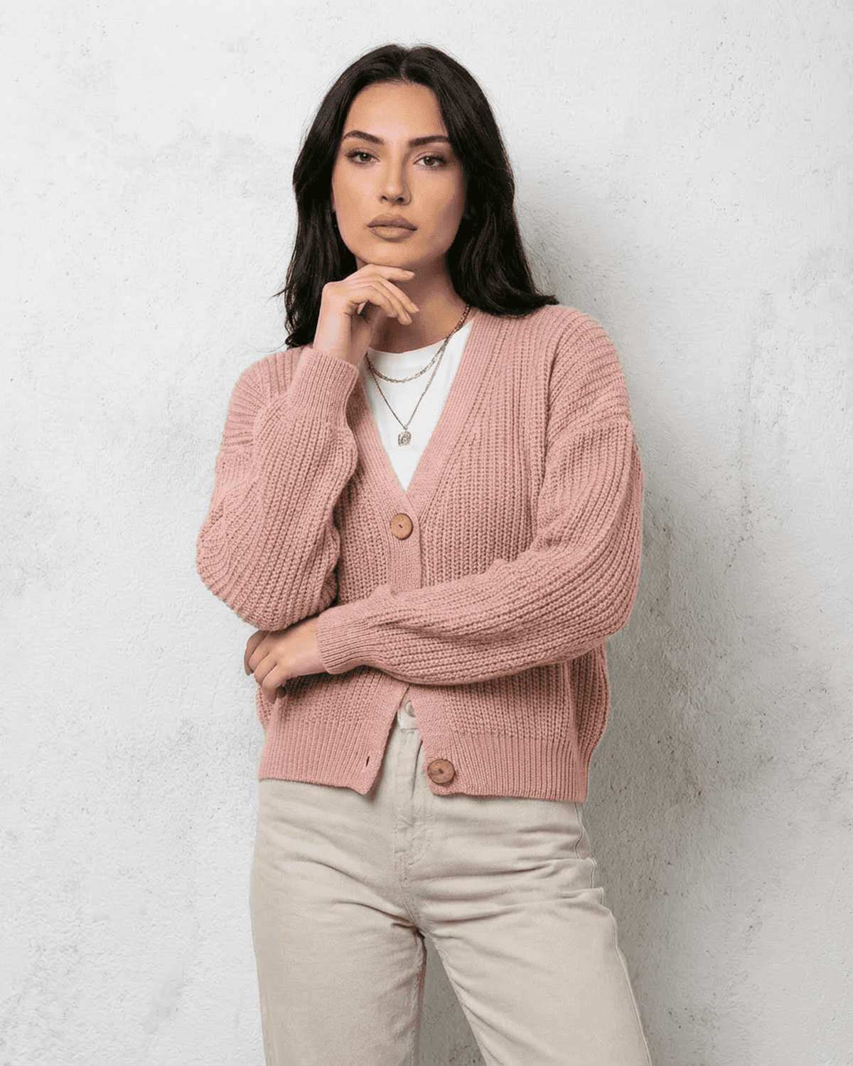 Blush Cardigan by Lauven, soft pink knitwear with relaxed V-neck design and a loose fit.