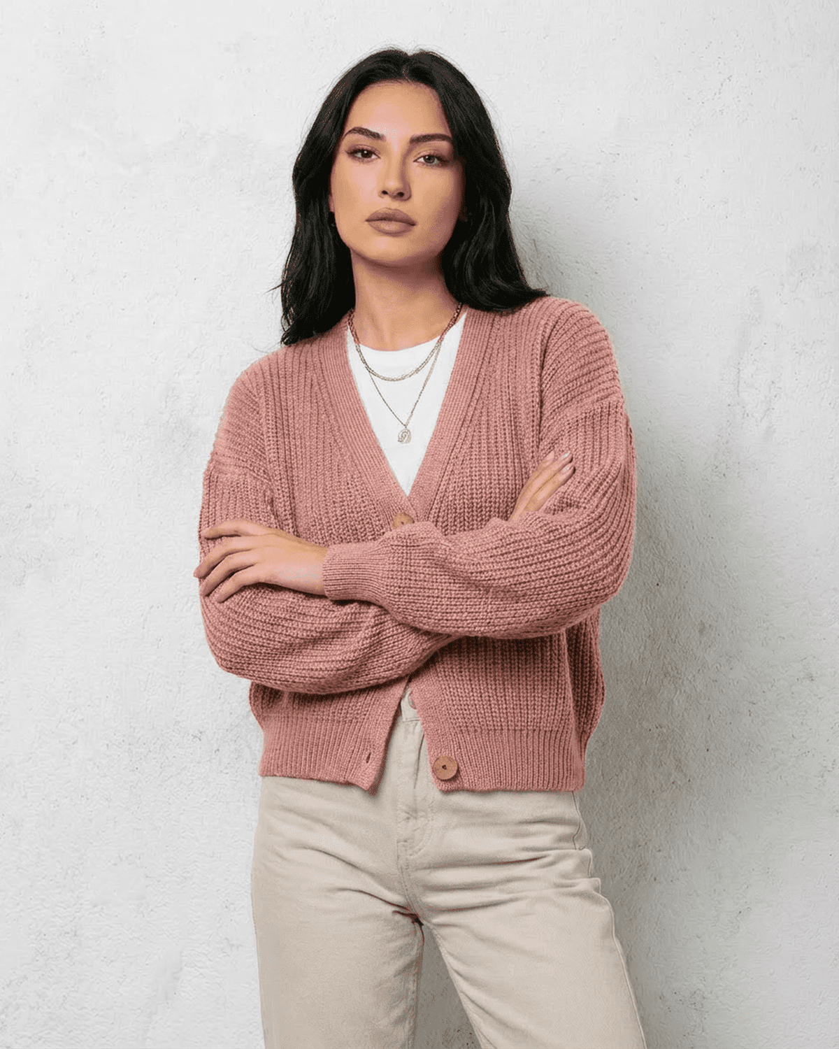 Blush Cardigan by Lauven - soft pink knitwear with a relaxed V-neck design and loose fit.