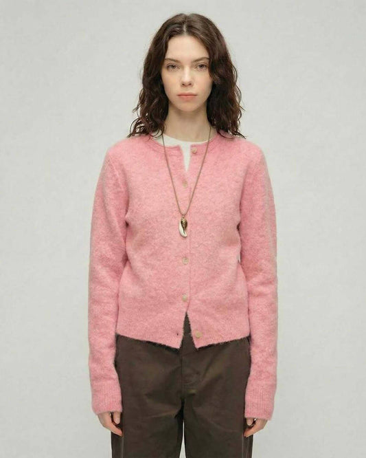 Blush Cardigan by Lauven - Women’s pink cardigan sweater with round neck and button front.