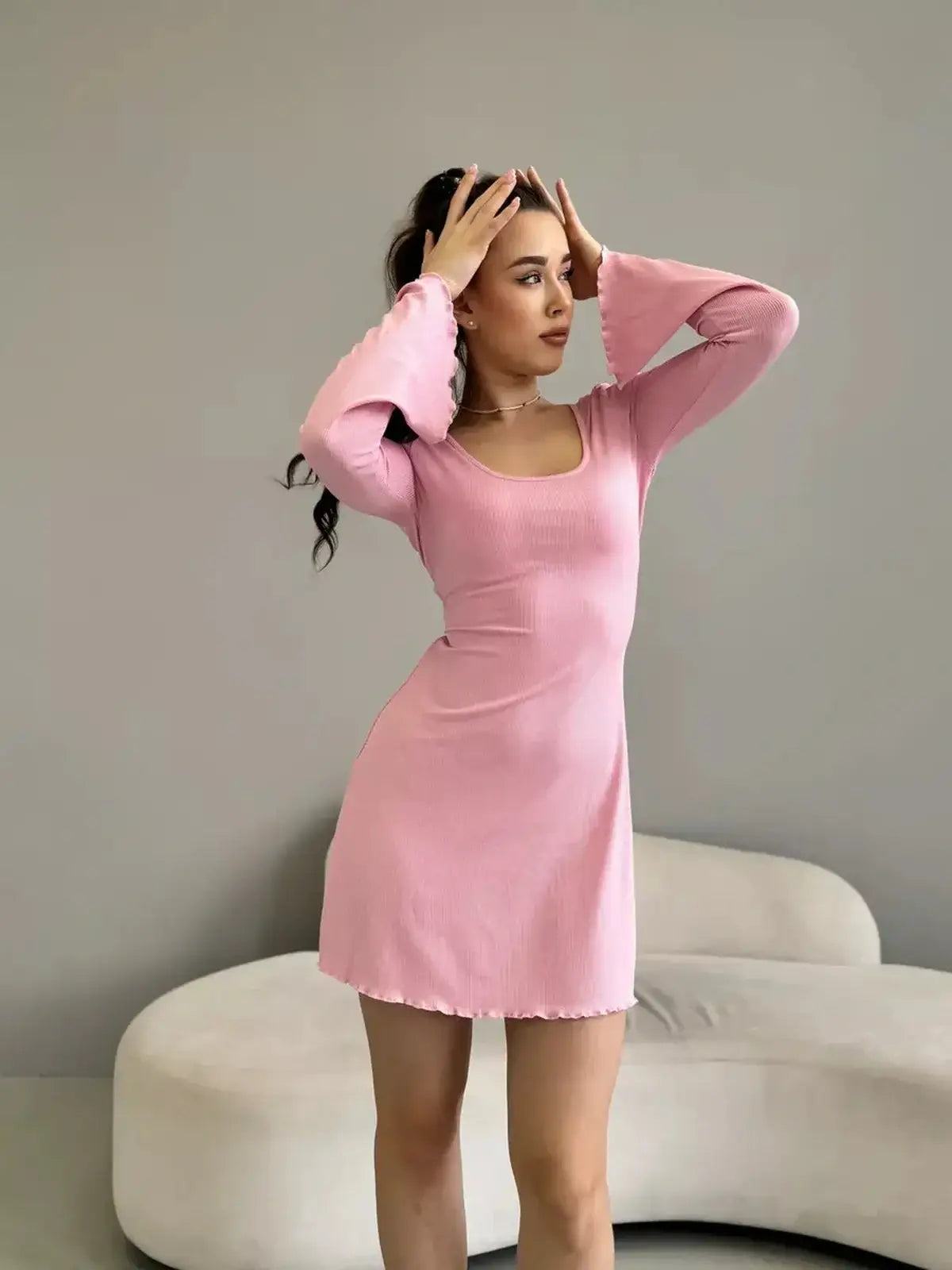 Blush Hour pink mini dress with square neckline and bell cuffs, perfect for summer, wedding guest, or cocktail occasions.