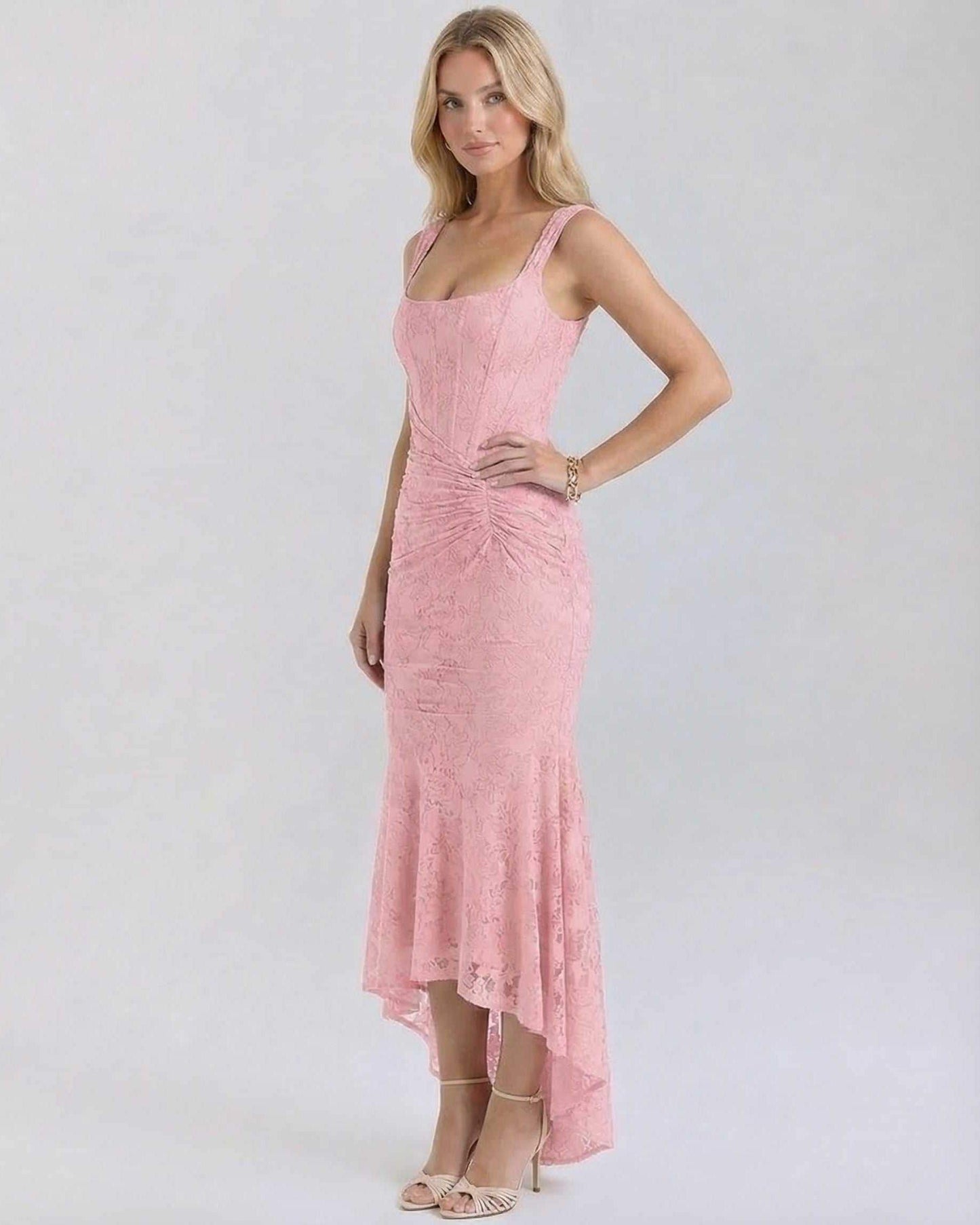 Blush Maxi Dress by Lauven - Elegant square collar jacquard dress in soft pink with asymmetric hemline.