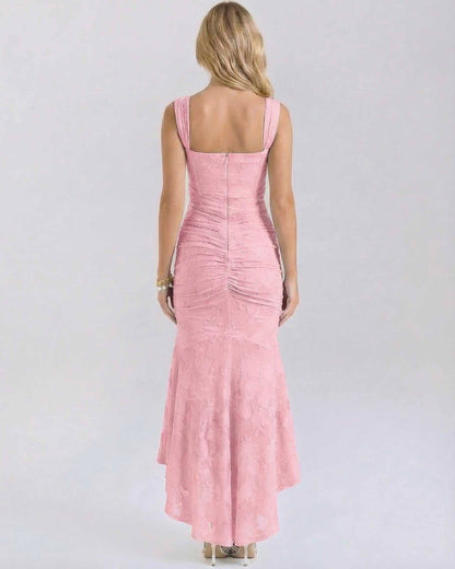 Blush Maxi Dress by Lauven, elegant back view showcasing soft pink jacquard fabric and fish tail hem.