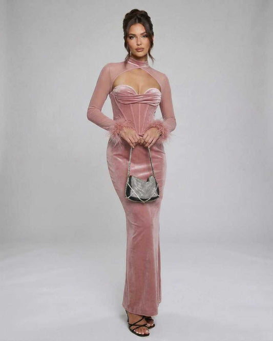 Blush Maxi Dress by Lauven - Luxurious pink velvet gown with feather cuffs and dramatic cutout detail.