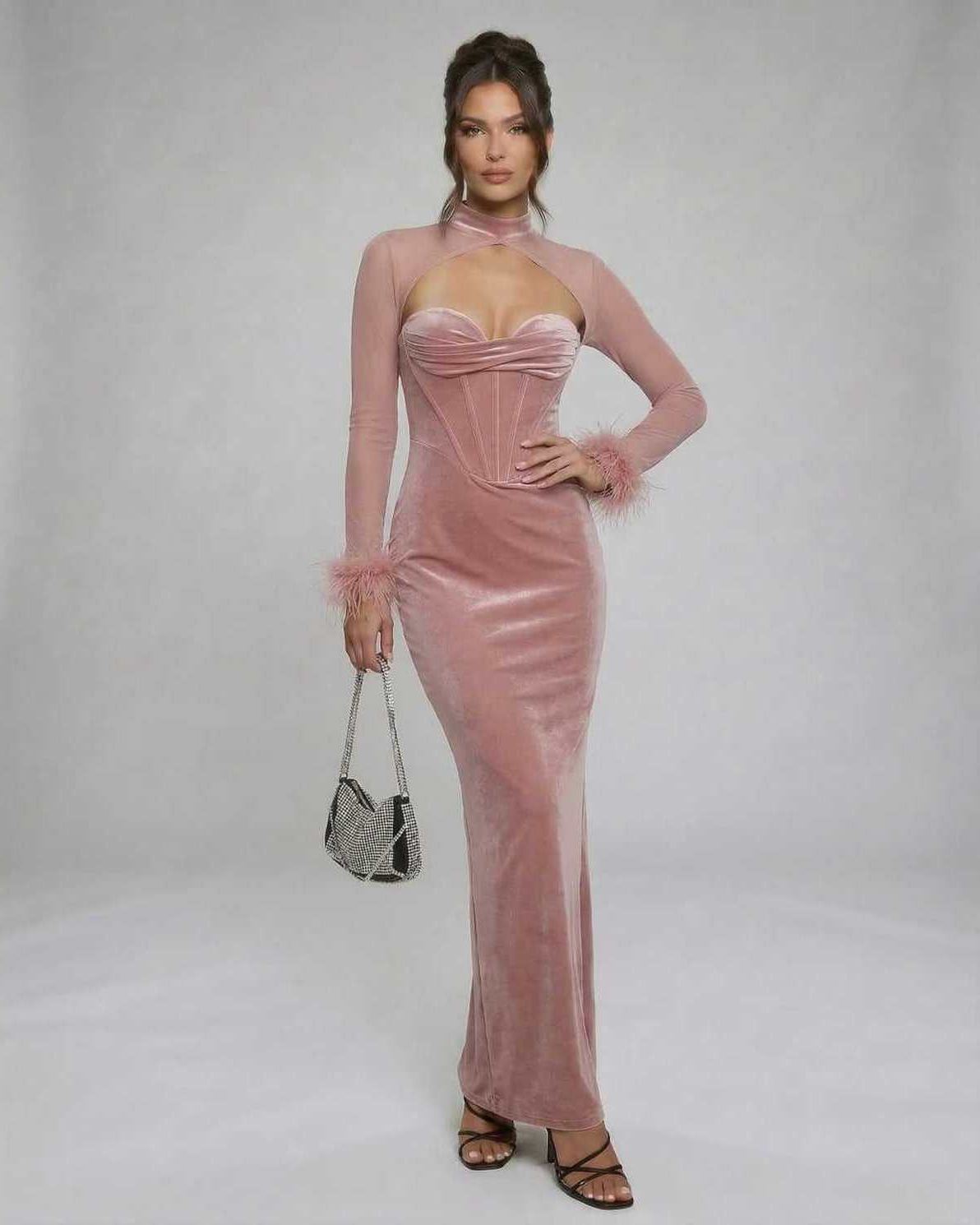 Blush Maxi Dress by Lauven - Luxurious pink velvet sheath gown with feather cuffs, showcasing a sleek silhouette.