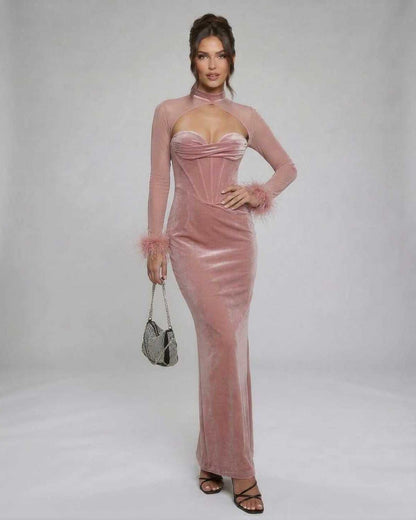 Blush Maxi Dress by Lauven, luxurious pink velvet gown with feather cuffs and strapless neckline, perfect for evening events.
