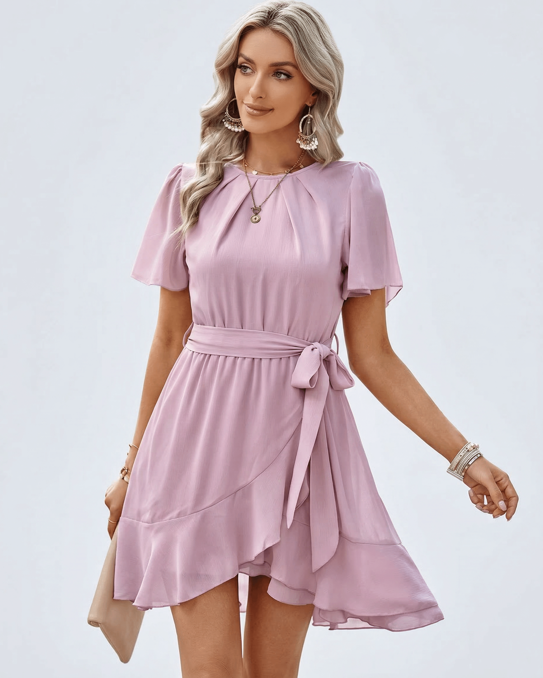 Blush Ruffle Dress by Lauven featuring flutter sleeves and a waist tie, perfect for warm weather elegance.