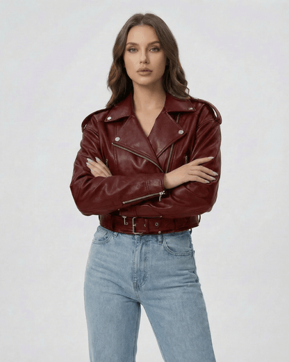 Bordeaux Jacket by Lauven - Women’s burgundy leather jacket with belted moto fit.