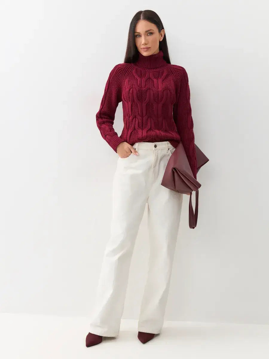 Bordeaux Knitwear by Lauven, women's wool-blend turtleneck sweater in rich bordeaux color with cable-knit design.