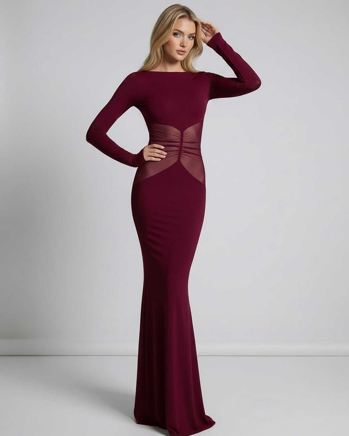 Bordeaux Maxi Dress - Red long sleeve dress with mesh waist panel, sleek silhouette by Lauven, perfect for elegant occasions.