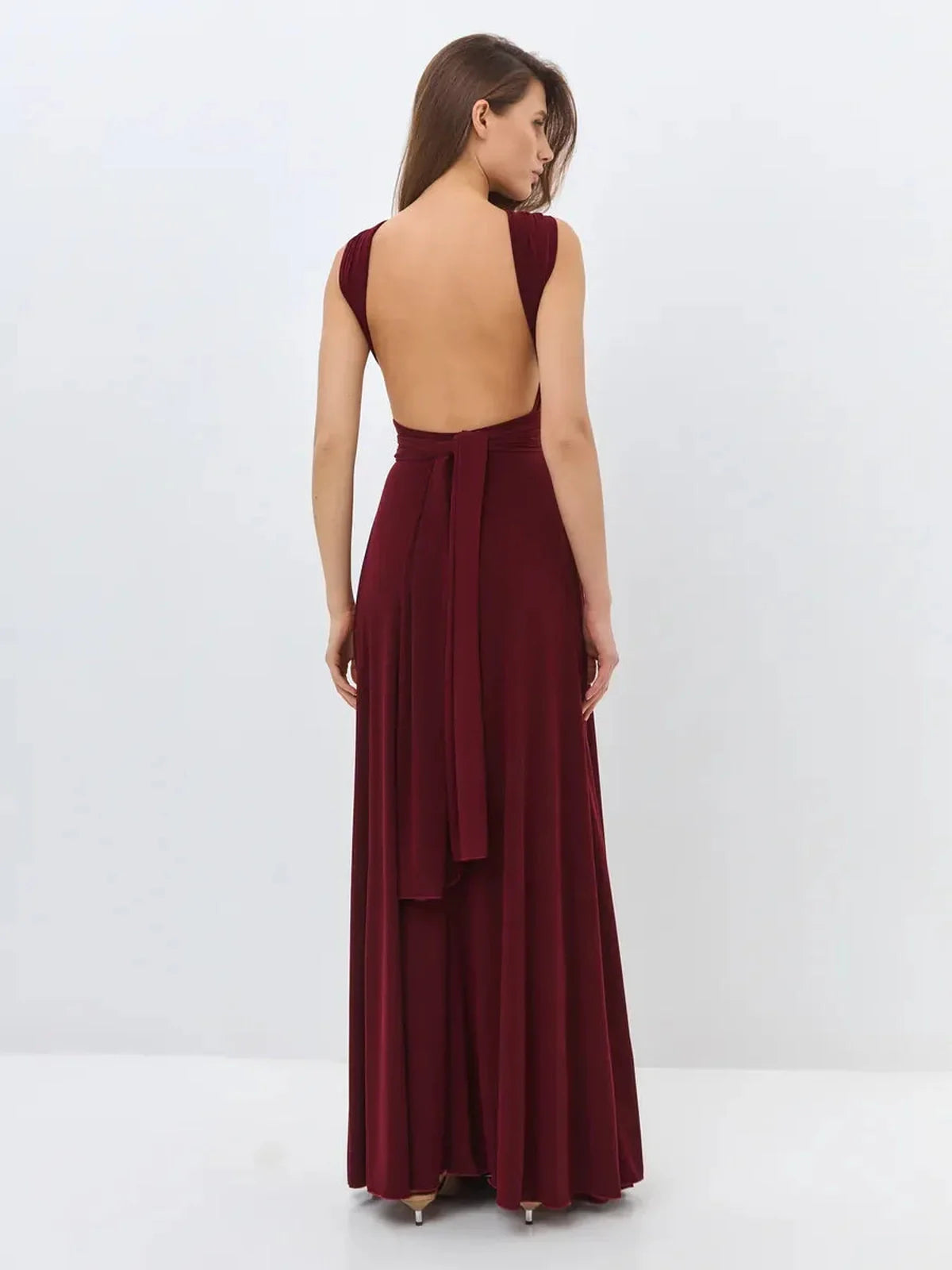 Back view of Bordeaux Muse Maxi Dress showcasing deep wine hue and elegant backless design.